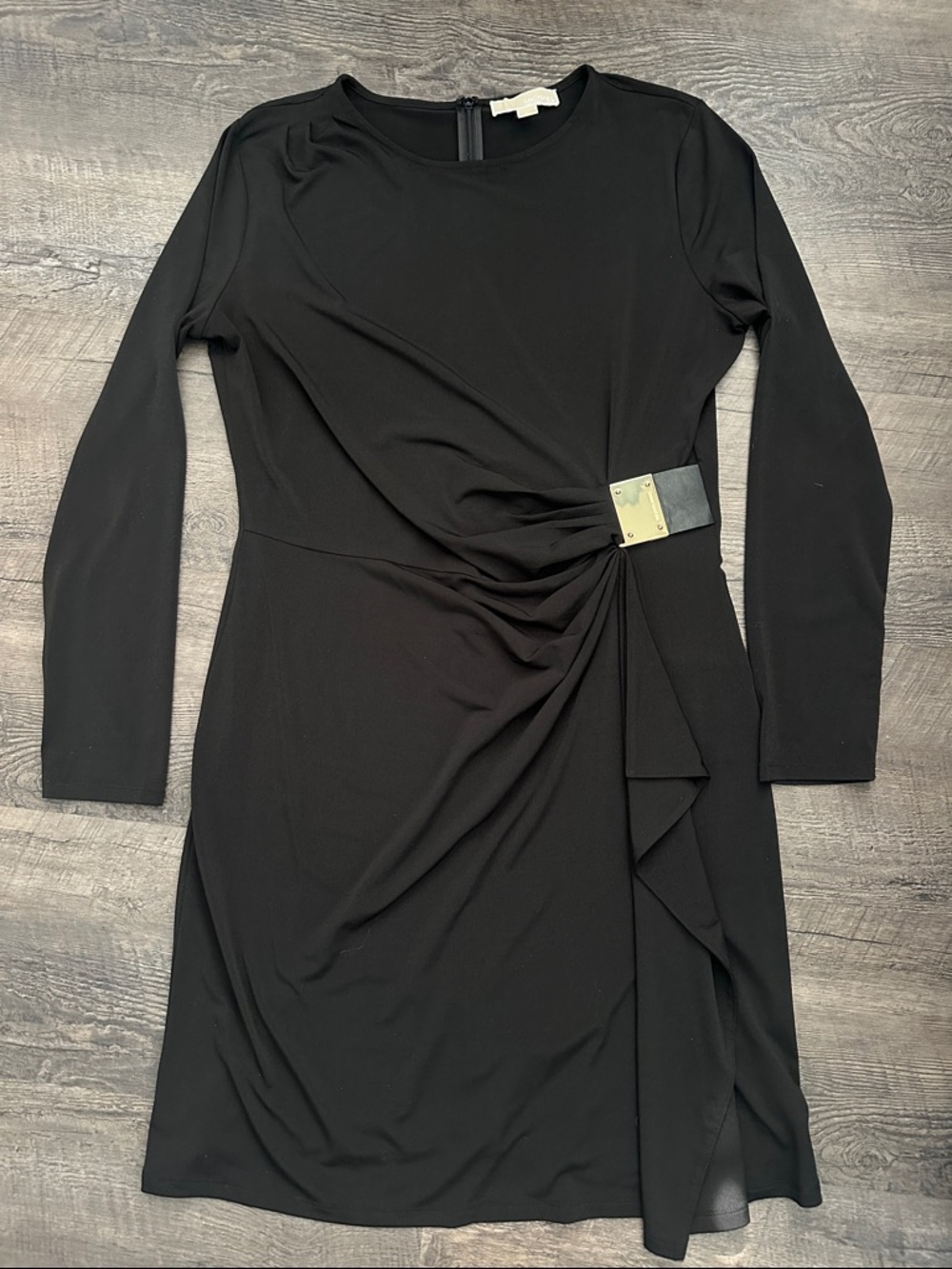 Michael Kors Black Long Sleeve Ruched Dress with Gold Buckle